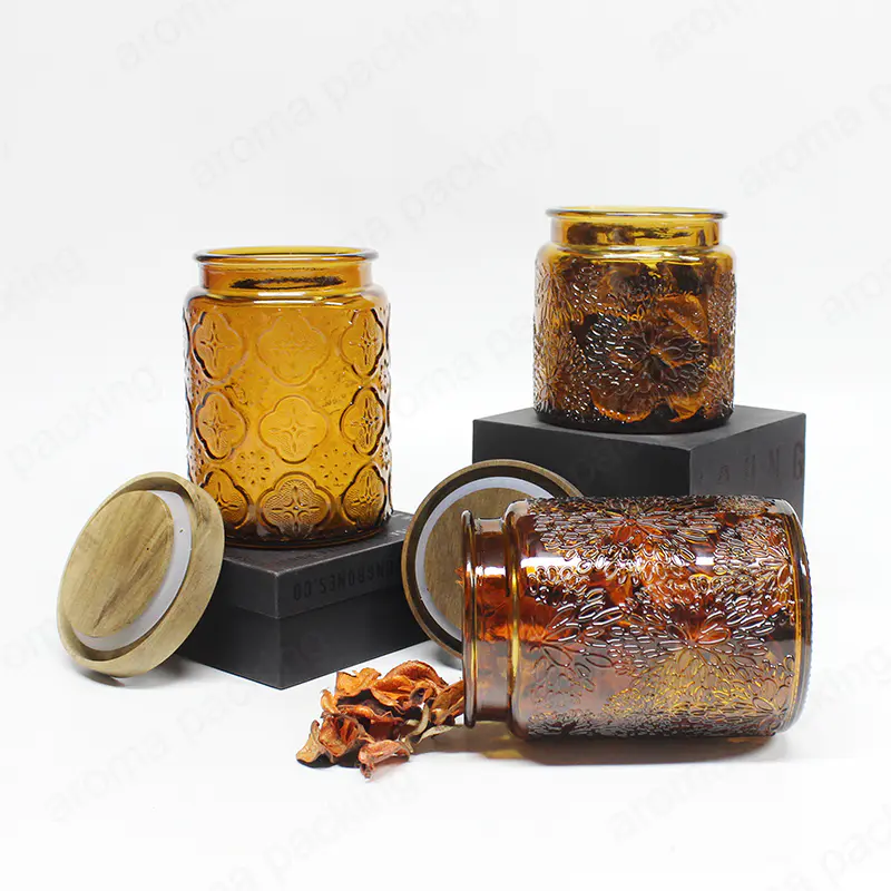 定制容量浮雕花朵图案琥珀色玻璃储物罐用于存储