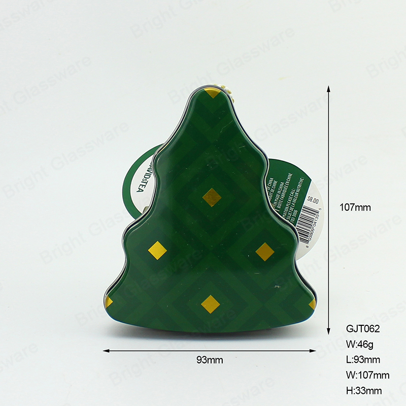 Christmas Tree Shape Green Tin Candle Jar 93mm*107mm GJT062 With Metal Lid