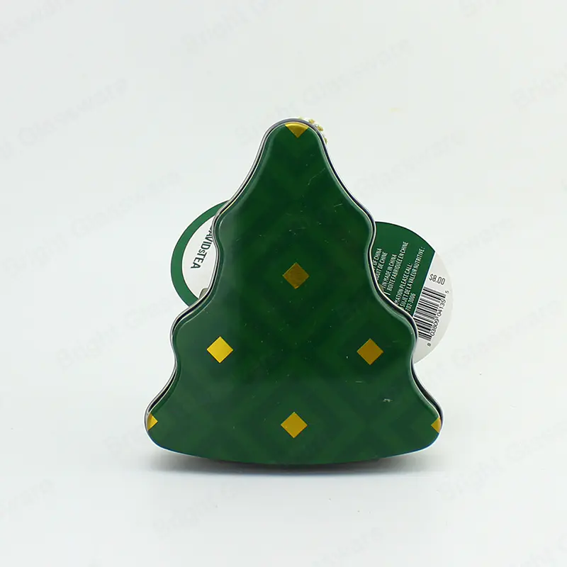 クリスマスツリー形状グリーンブリキキャンドルジャー93mm * 107mm GJT062、金属製の蓋付き