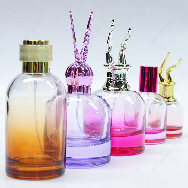 Fábrica de nuevos productos multicolor redondo botella de perfume de vidrio GBC238 con tapa de bricolaje