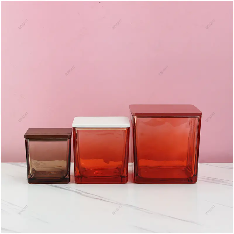 批发琥珀色红色方块玻璃蜡烛罐，带盖和免费设计盒
