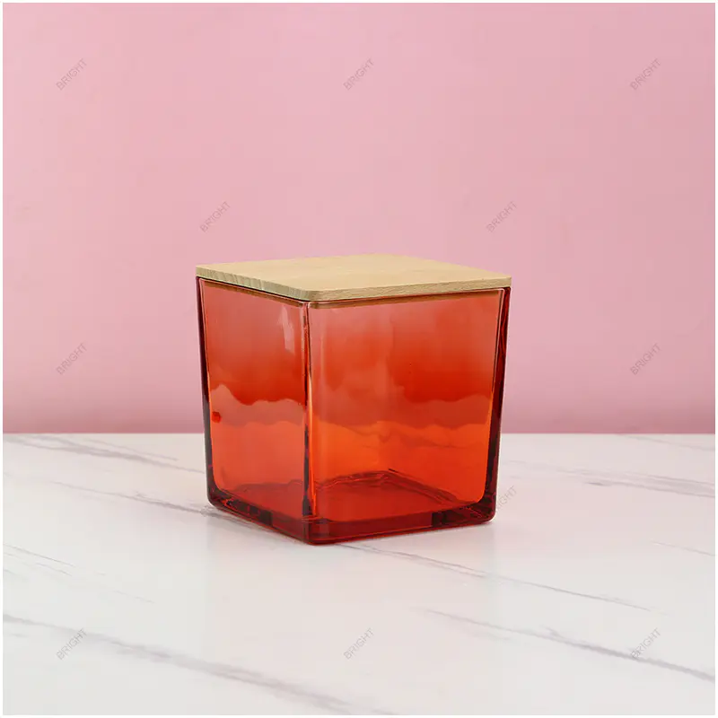 Wholesale Amber Red Square Glass Candle Jar with Lid and Free Design Box