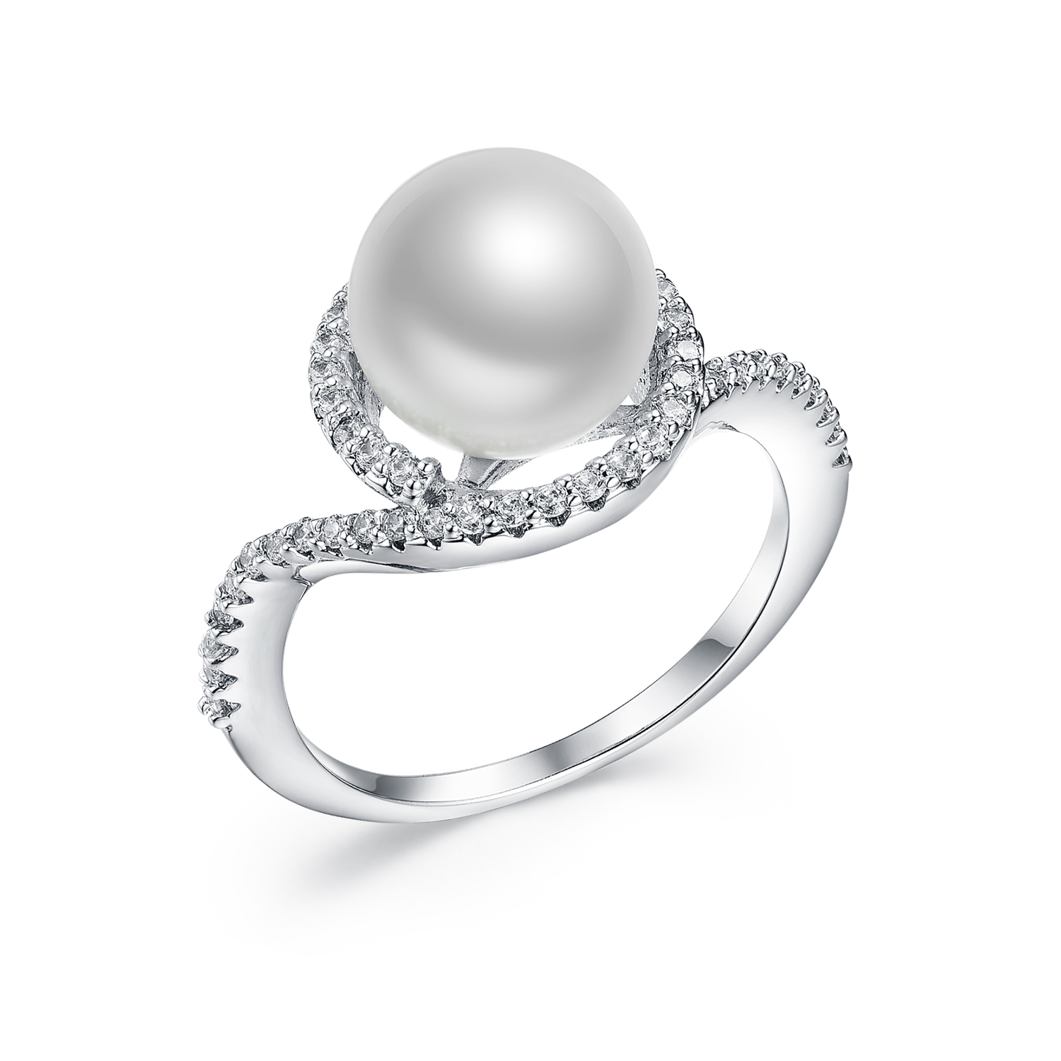 RI4509 White Fresh/Shell Pearl with Wax setting White CZ surrounded Sterling Silver/Brass Ring under Rhodium plated from China Jewelry supplier