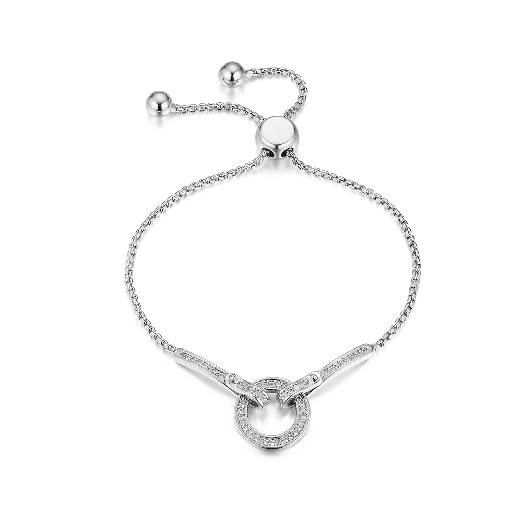 ST2737B Circle & Bar link bolo bracelet with 1.4mm Round box Chain 10inch under Rhodium plated from Top Jewelry manufacturer in China.