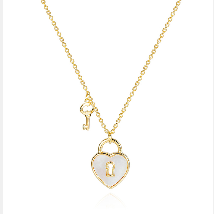 PE3497-Lock & Key Pendant with MOP shell in Sterling silver plated in 14K gold from Top Jewelry factory in China