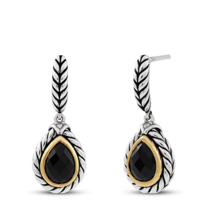 ST2750E-Cable Designer inspired two-tone plating Pear shape Earring with Bezel setting Pear shape Black CZ in Brass/Copper from China Top Jewelry Manufactuer
