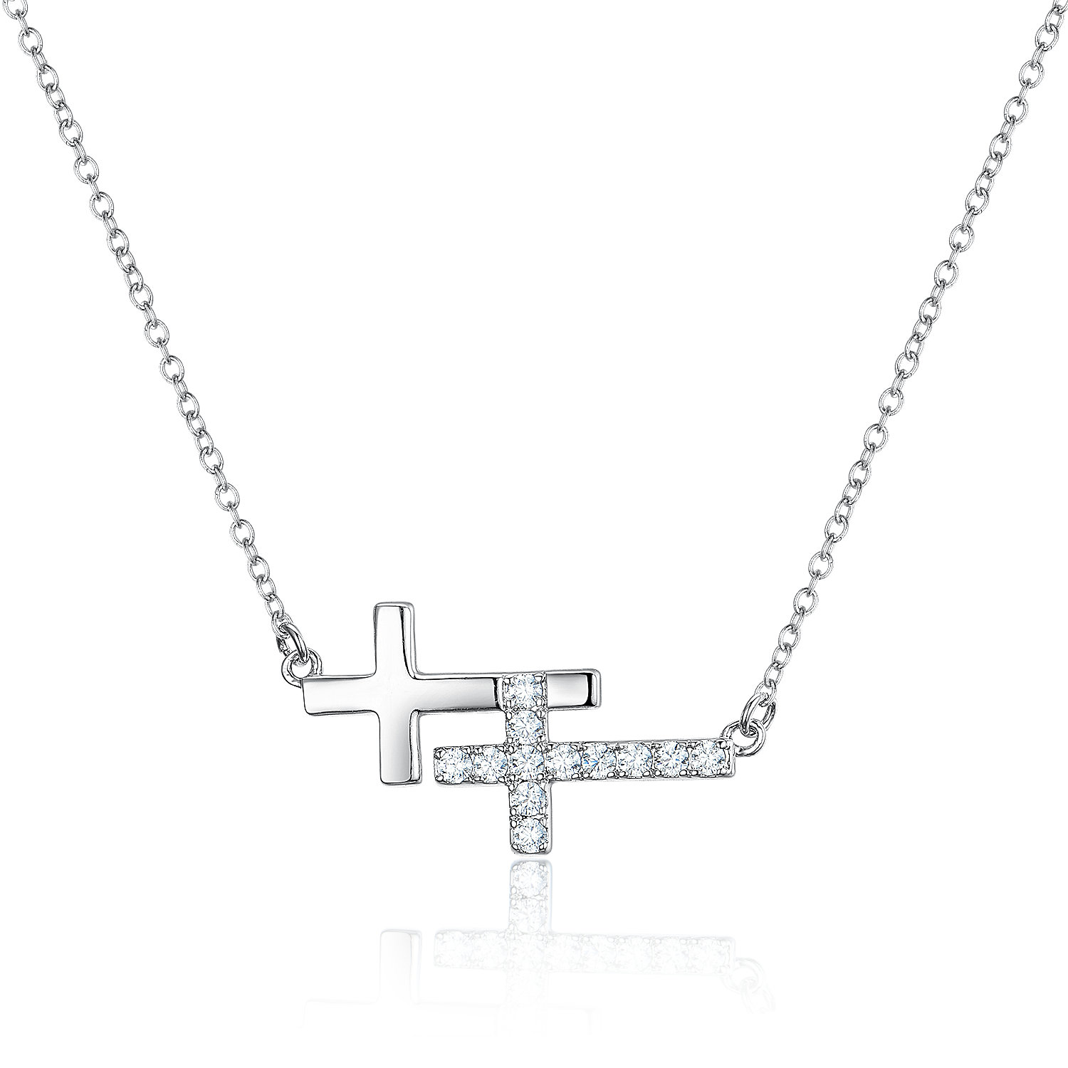 PE3460-Double-Cross Necklace with White CZ in Silver plated Rhodium from China Top jewelry factory