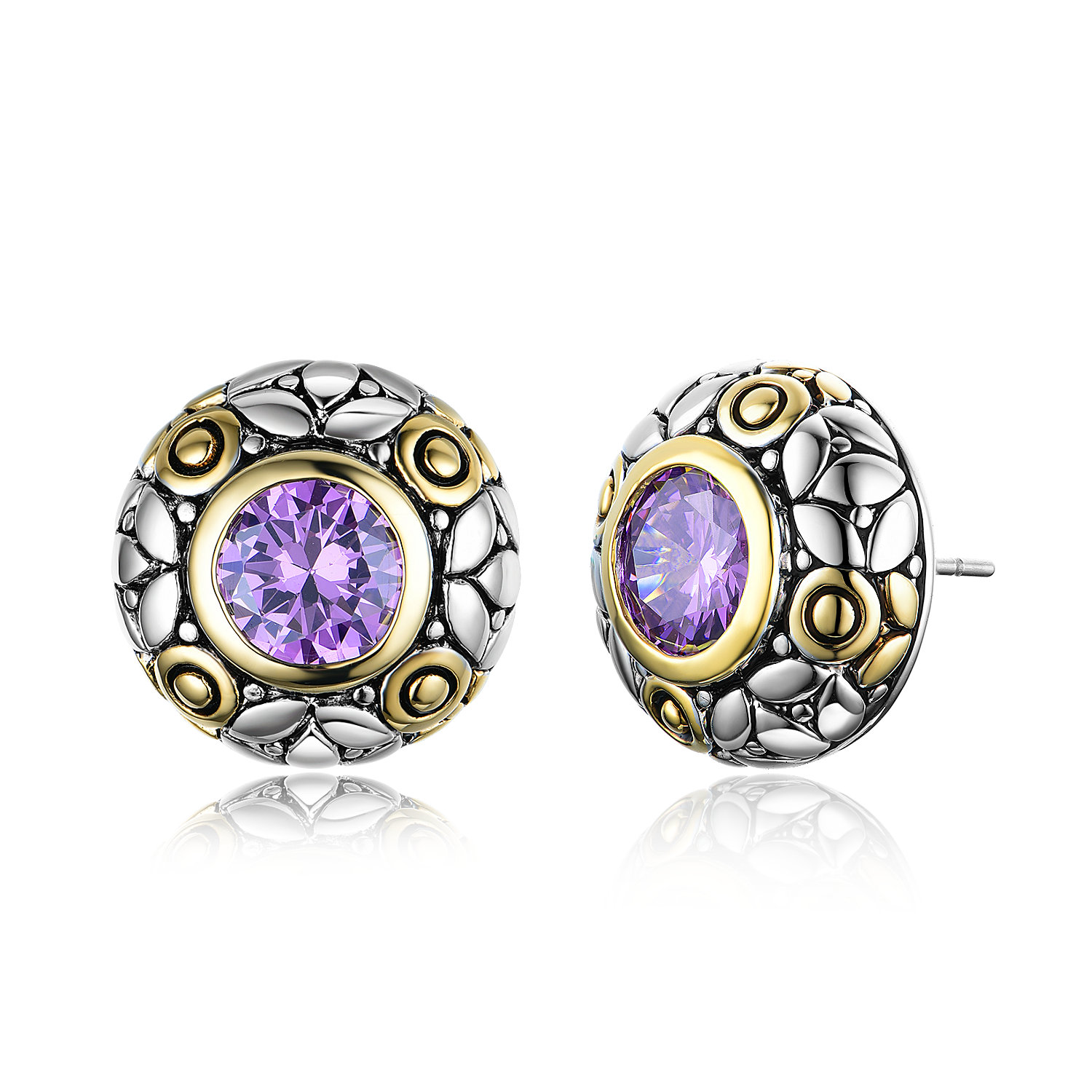ST2769E-Designer inspired 2-tone Round Earring with a bezel Amethyst CZ from China Top jewelry factory
