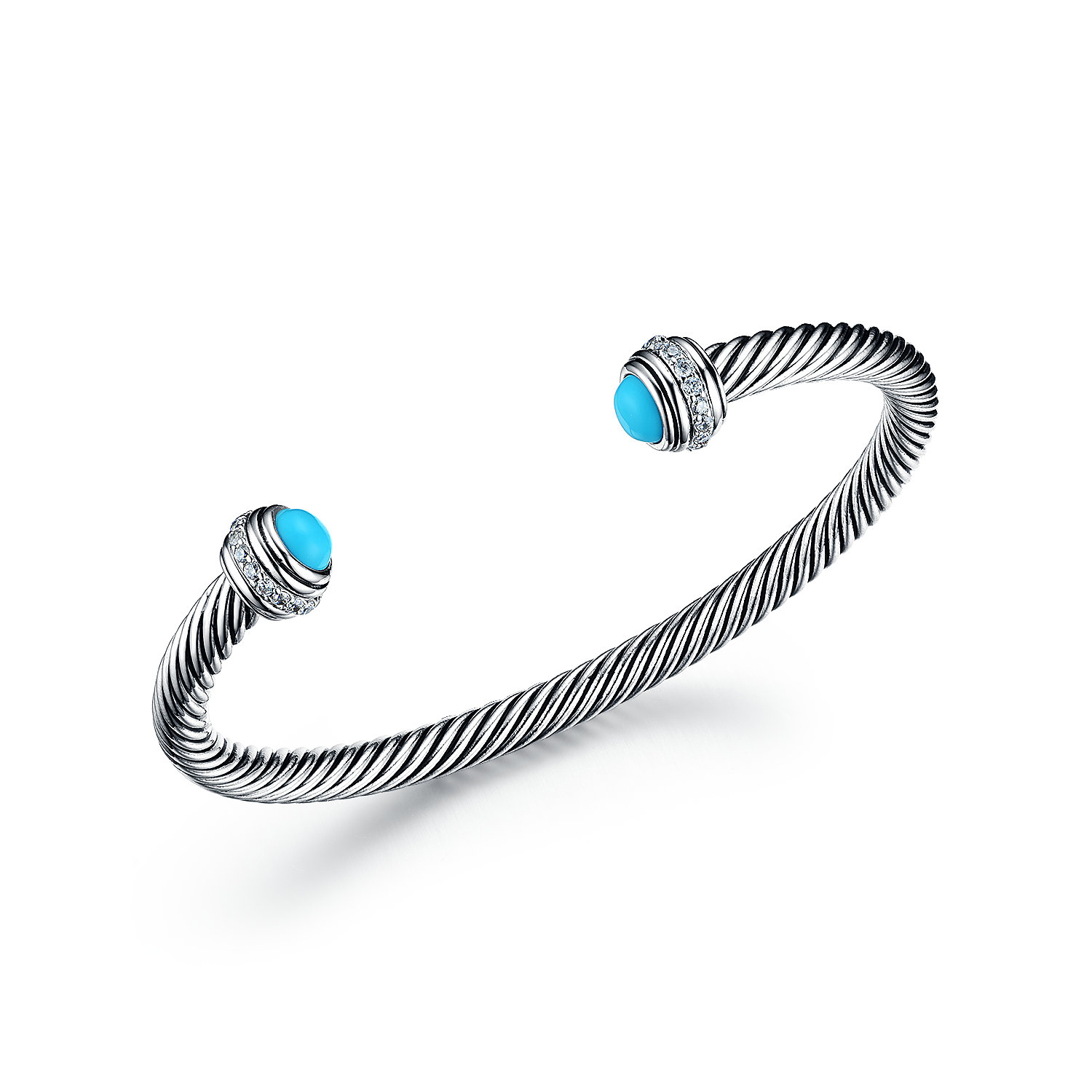 BA1154-Designer inspired antique Cable bangle with Turquoise & White CZ plated Rhodium from China reliable Jewelry supplier