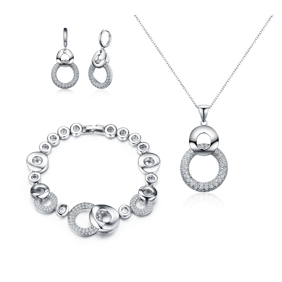 ST2550-Multi Circles Bracelet/Earring/Necklace Jewelry Set with White CZ in Brass plated Rhodium from Top Jewelry Supplier in China.