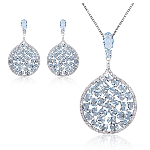 ST2235-Luxury Dangling Aquamarine Earring and Pendant Jewelry Set surrounded White CZ in Sterling Silver/Brass plated Rhodium from China Top Jewelry factory