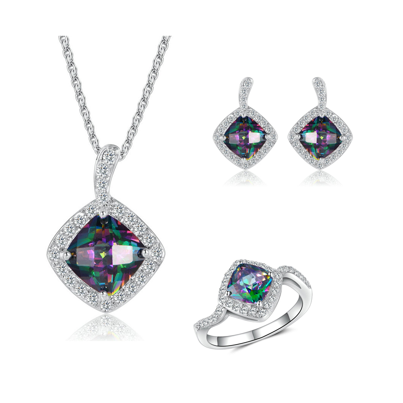 ST2424 Square Mystic Fire CZ with small White CZ around Earring/Pendant /Ring Jewelry Set in Sterling Silver  from China Top Jewelry supplier