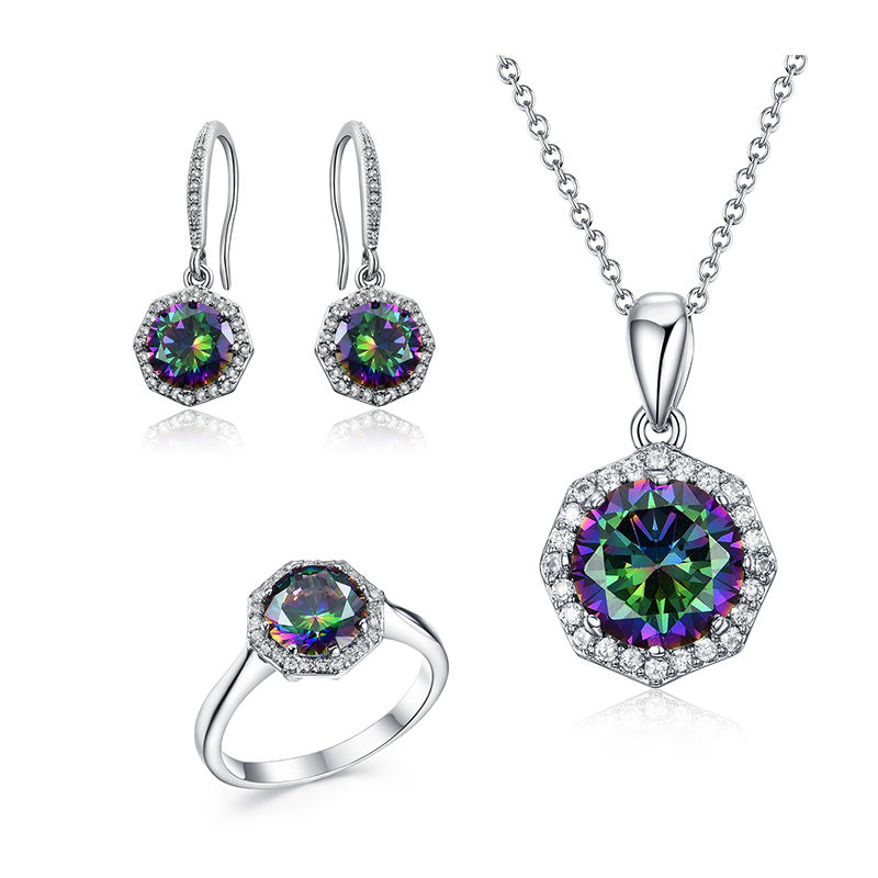ST2675-  Mystic Fire Round CZ with small White CZ around Earring/Pendant /Ring Jewelry Set in Sterling Silver from China Top Jewelry supplier