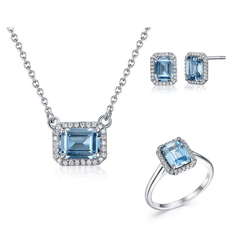 ST2674-Emerald-cut Aquamarine center,surrounded White Cubic Zircon Earring/Ring/Necklace in Sterling Silver plated Rhodium from China Top Jewelry factory