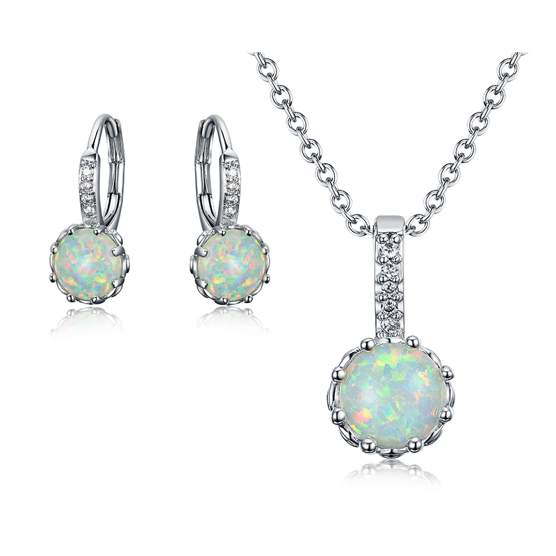 ST2395-Round 7mm White Opal Leverback Earring & Necklace in Sterling Silver with Rhodium plating from China Top Jewelry factory