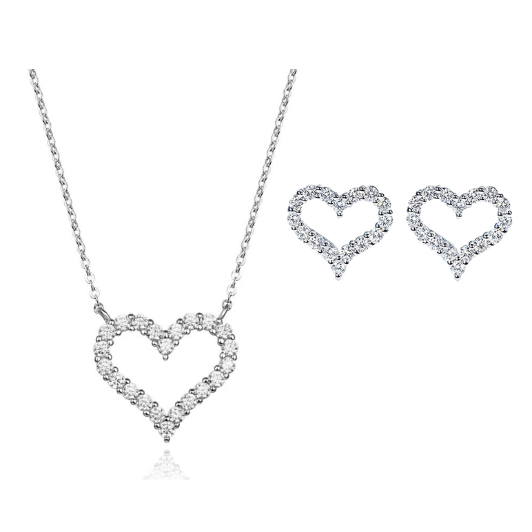 ST2573-Timeless Heart Post Earring and Necklace With prongs setting White CZ in Sterling Silver with Rhodium plating from China Top Jewelry Supplier