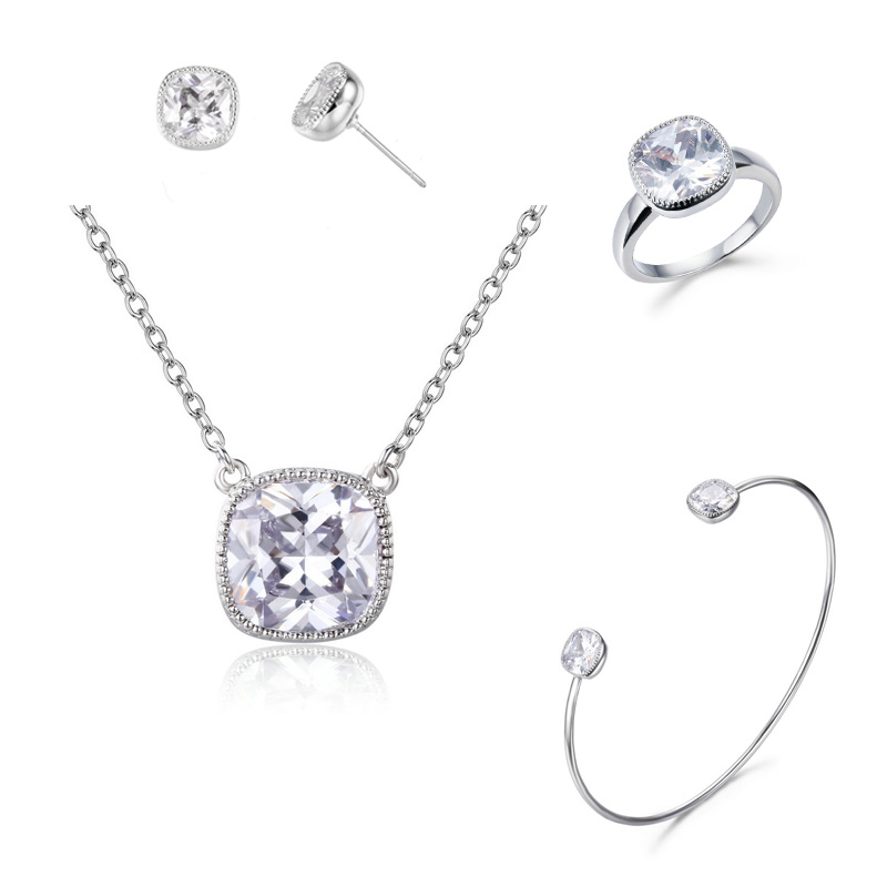 ST2448 Squre Bezel  AAA CZ Classic Earring/Necklace/Bangle Jewelry Set  with Rhodium plating in Sterling Silver from Top Jewelry supplier in China