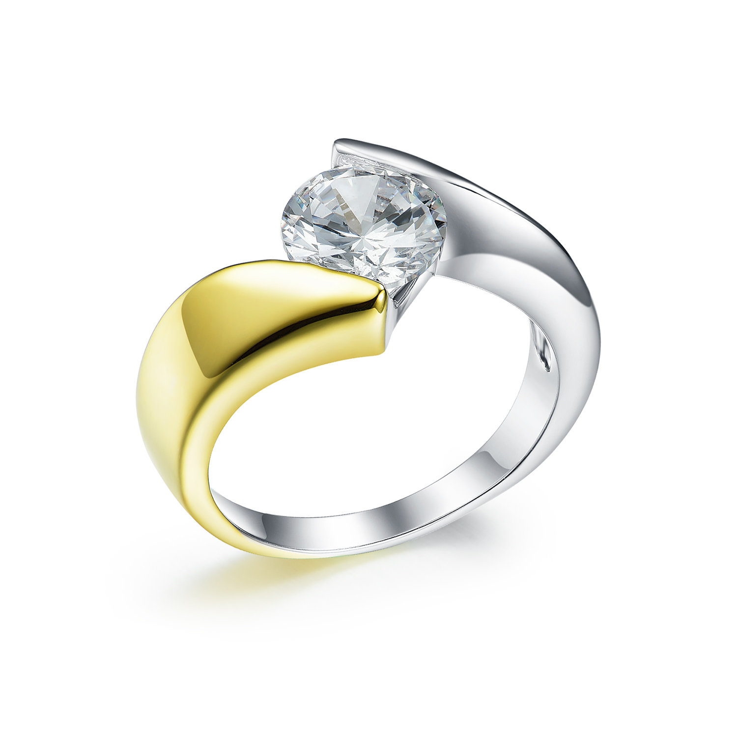 RI2998-Brilliant Engagement Ring bazel a 5A CZ in Sterling Silver under Two-tone Plating