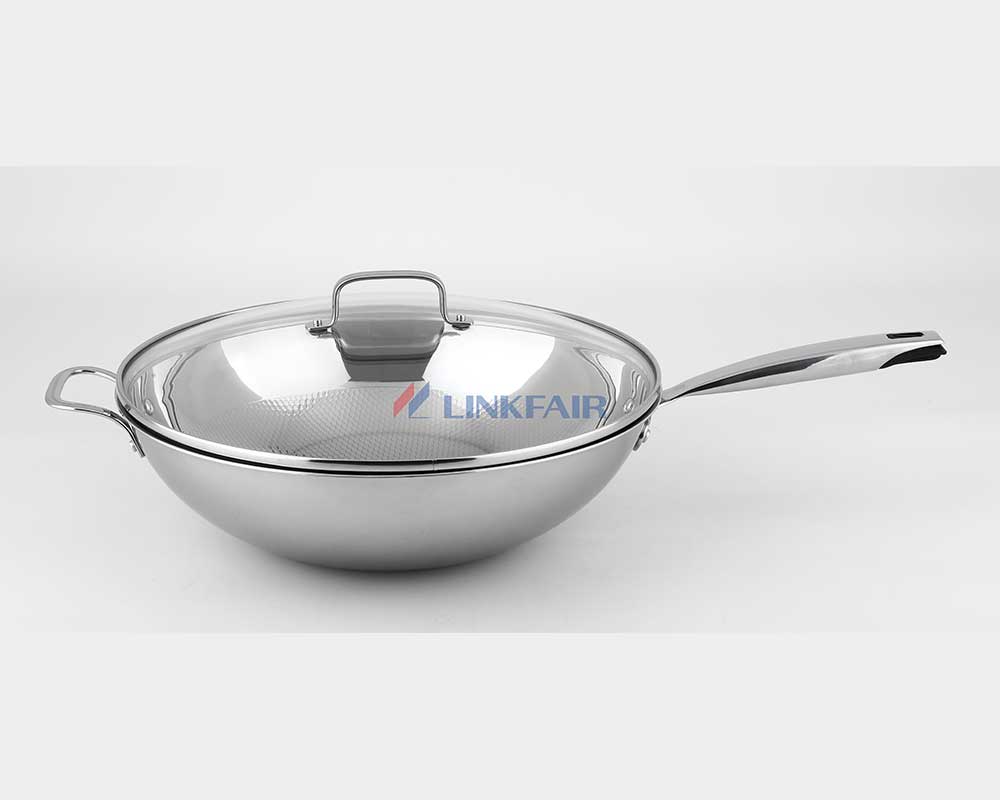 Tri-ply stainless steel Wok with Helper Handle & Glass Lid