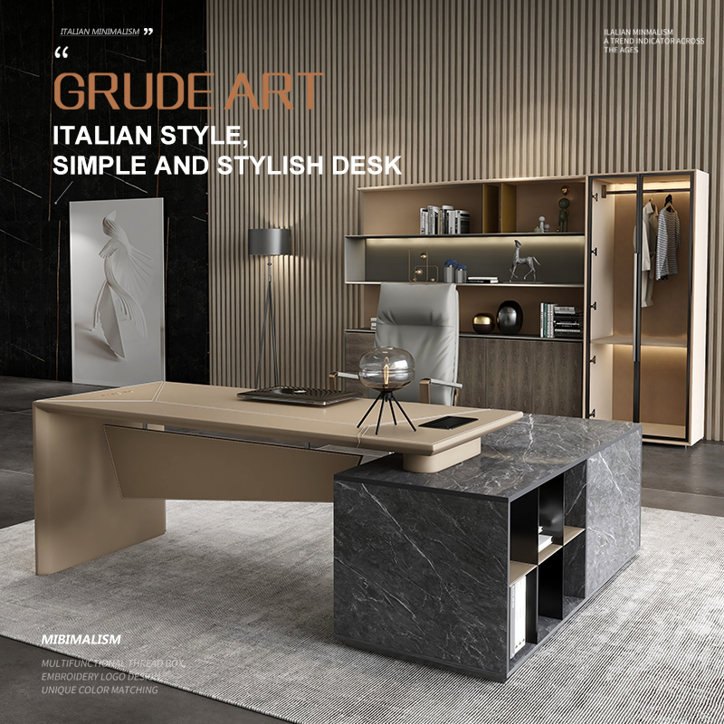 Foshan Factory Rirong Furniture Italian Light Luxury Laminated Leather Boss Desk Fashion High-end Desk Customized Executive Desk