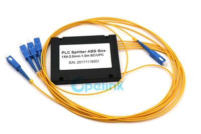 Optical Fiber Splitter: 1x4 PLC Splitter, 2.0mm SC/PC, ABS BOX Package
