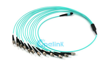 12 Fibers MPO Fanout Cable: MPO Female to 12 ST/UPC Fiber Optic PatchCord, 10G OM3 Multimode, LSZH Aqua