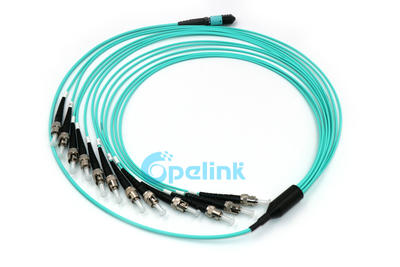 12 Fibers MPO Fanout Cable: MPO Female to 12 ST/UPC Fiber Optic PatchCord, 10G OM3 Multimode, LSZH Aqua