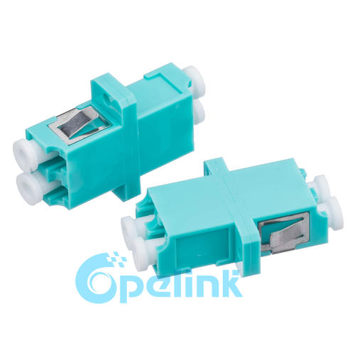 LC to LC Optical Fiber Adapter, plastic housing, OM3 Multimode Duplex Fiber Adapter, Aqua, SC Footprint, flanged type
