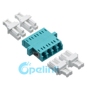LC to LC Quad Fiber Optic Adapter, plastic housing, OM3 Multimode Fiber Adapter, Aqua, flanged type