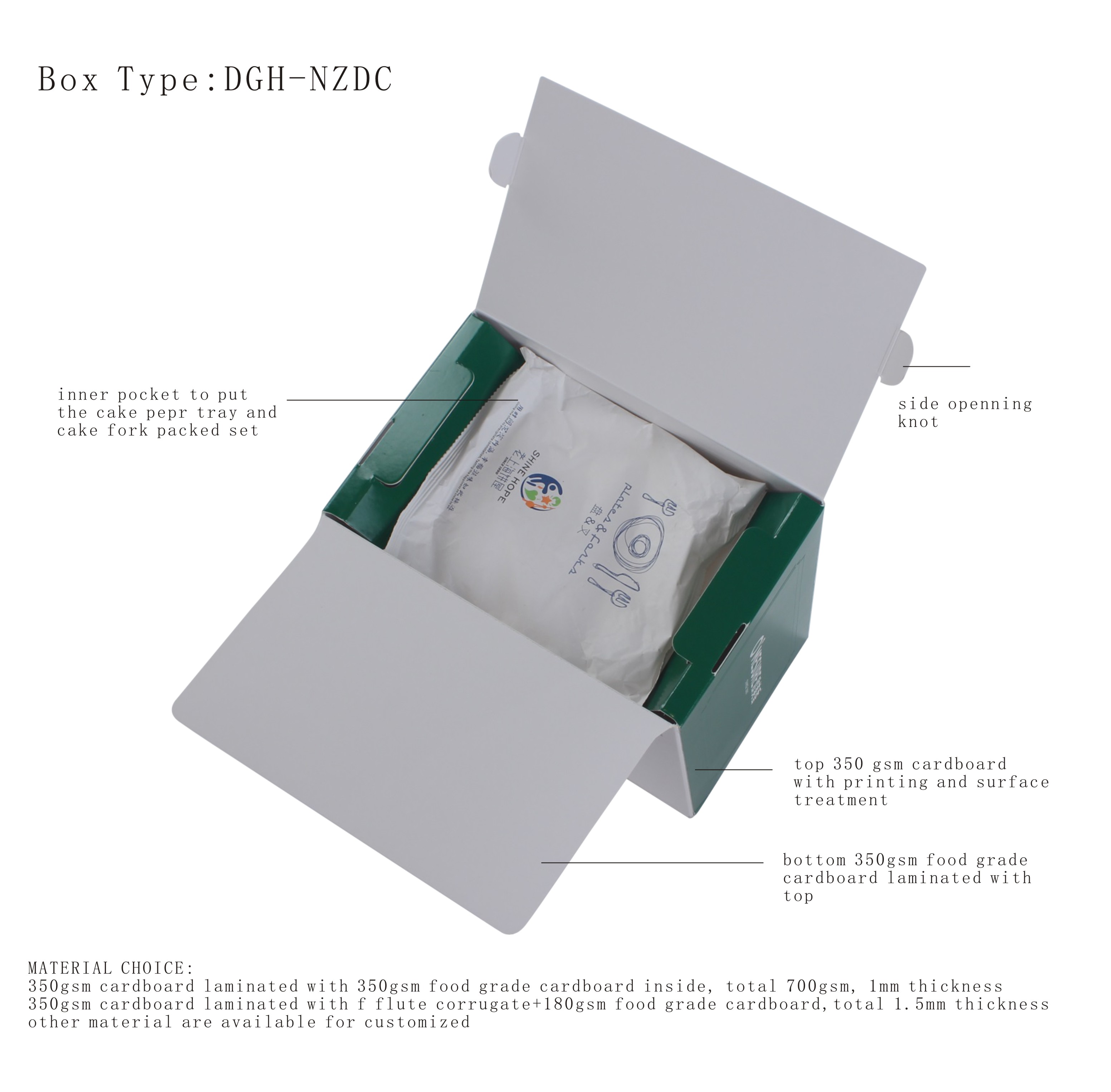 cake box with inner pocket for cake tray and fork