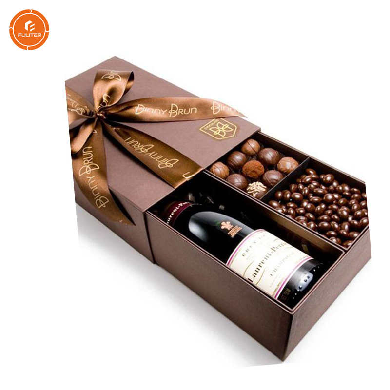 art paper coated surface drawer shape chocolate and wine gift box packing set with ribbon
