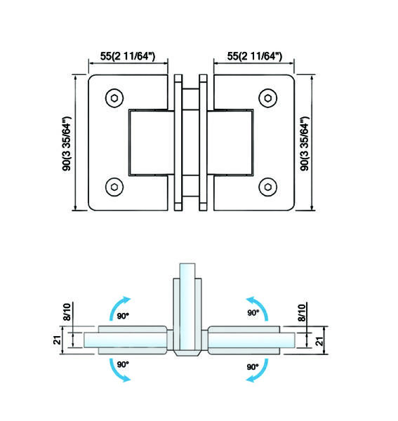 Brass T Hinge Glass to Glass Shower Door Glass Clamp T Shape Standard Duty Shower Hinges L-2108