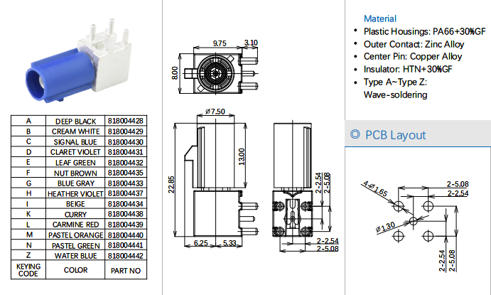 SN 600-4430-01  Auto Connector | Fakra PCB Plug R/A L=22.85mm  ø=1.30mm