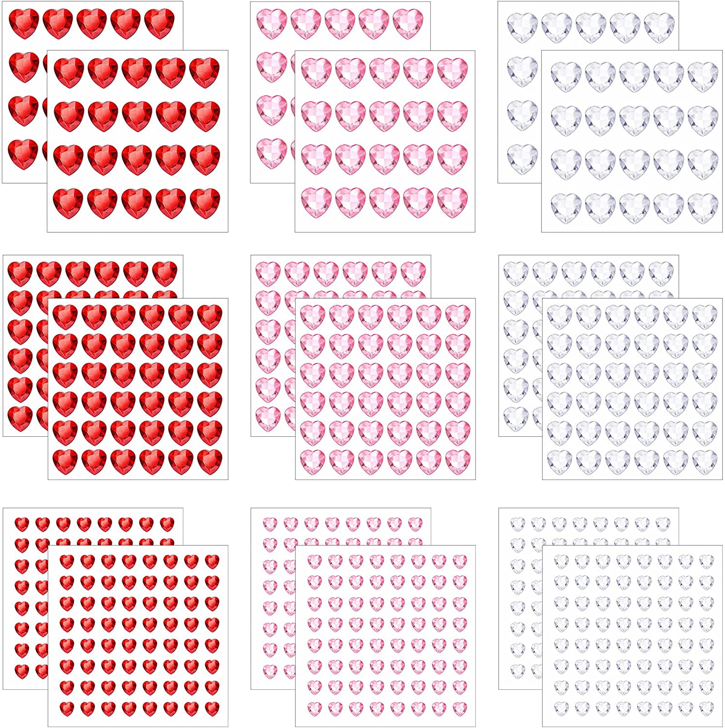 720 Pieces Valentine's Day Heart Rhinestone Sticker Self Adhesive Crystal Gems Sticker Flat Back Heart Stickers Acrylic Face Stickers Jewels Gems for Crafts for Wedding DIY Making (White, Red, Pink)