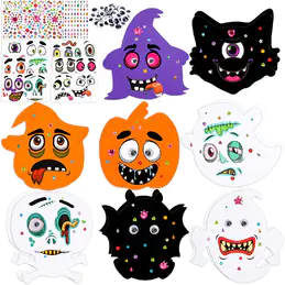 Halloween Foam Craft Kit for Kids, 64 Pcs Pumpkin Ghost Bat Cat Witches Skull Foam with Face Stickers Assorted Wiggle Eyes Diamond Stickers, DIY Painting Crafts for Party Favors Decoration