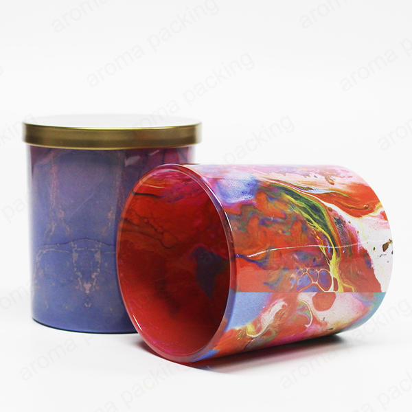 Wholesale Round Bottom Water Transfer Printing Colorful Glass Candle Jar With Custom Lid