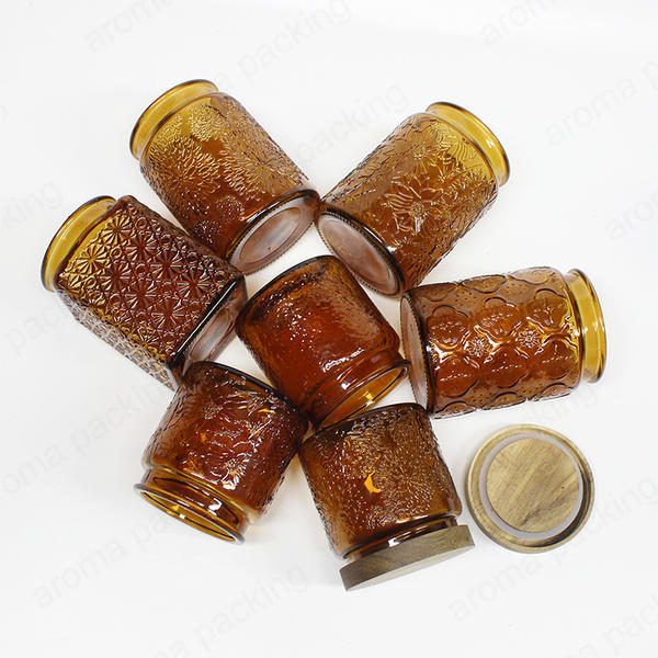 Wholesale Embossed Amber Glass Storage Jar,For Storage,Daily Kitchen Use,Candle Making