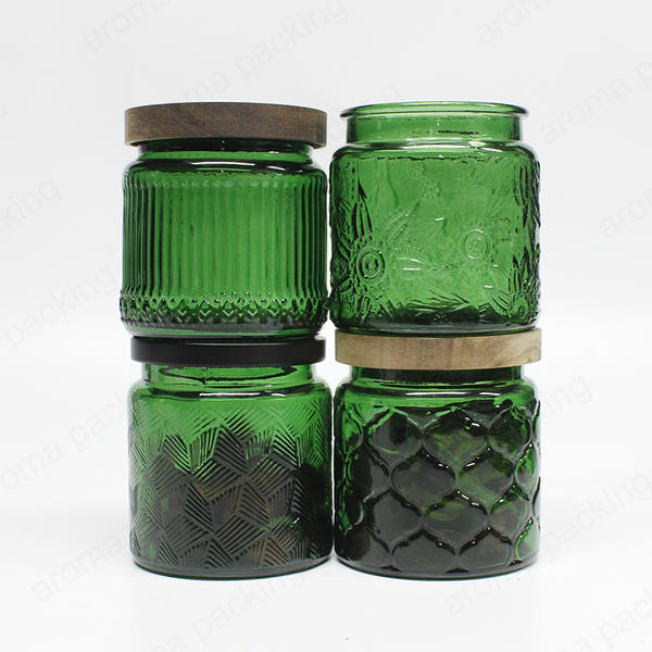 Wholesale Embossed Green Glass Storage Jar,For Storage,Daily Kitchen Use,Candle Making