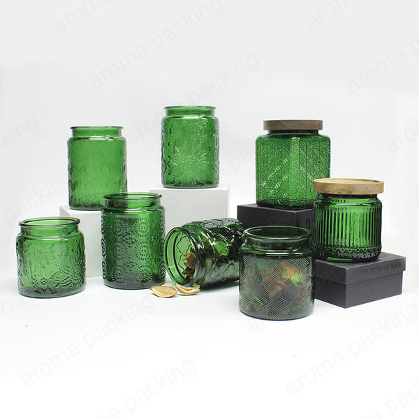 Wholesale Embossed Green Glass Storage Jar,For Storage,Daily Kitchen Use,Candle Making