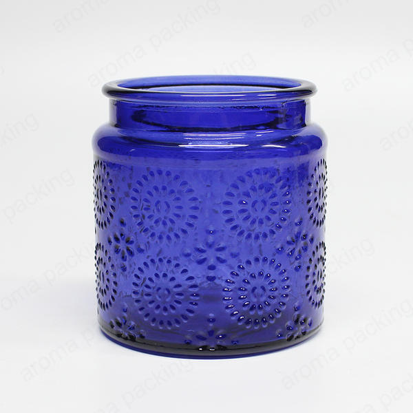 High Quality Round Bottom Blue Embossed Glass Candle Jar With Wooden Lid