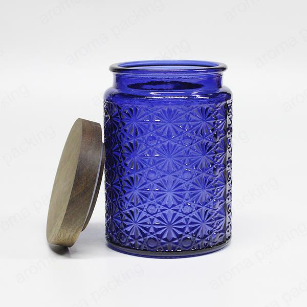 Wholesale Soy Wax Amber Blue Embossed Glass Candle Jar With Wood Lid