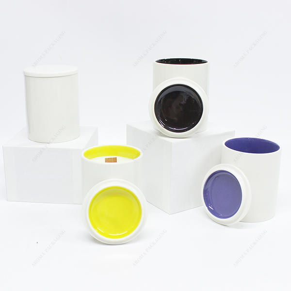 Round Bottom External White And Internal Custom Color Ceramic Candle Jar With Lid