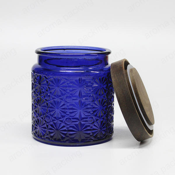 Wholesale Luxury Embossed Custom Pattern Blue Glass Storage Jar For Candle