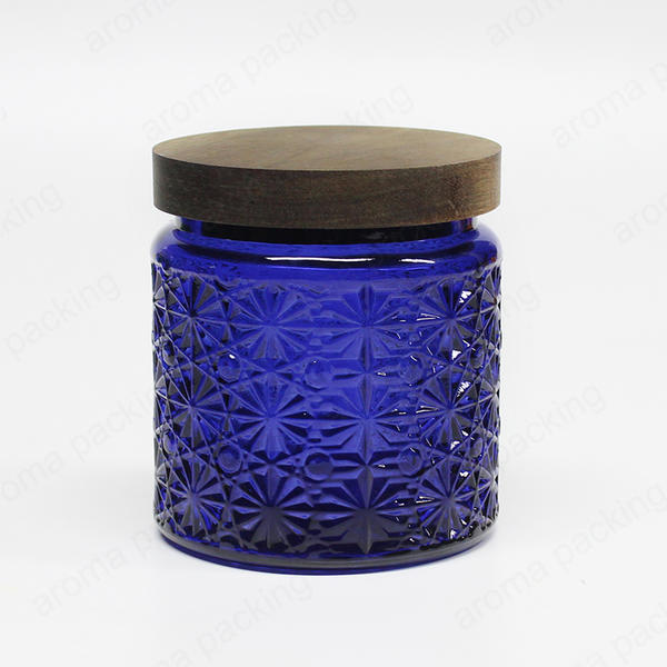 Wholesale Luxury Embossed Custom Pattern Blue Glass Storage Jar For Candle
