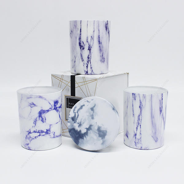 Factory Made Luxury Water Transfer Printing Purple Glass Candle Jar WIth Lid Box For Candle