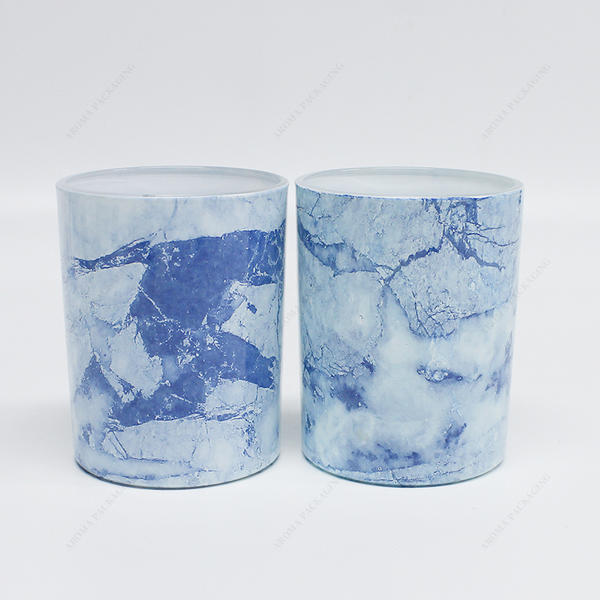 Factory Wholesale Blue Water Transfer Round Glass Candle Jar With Box And Cap