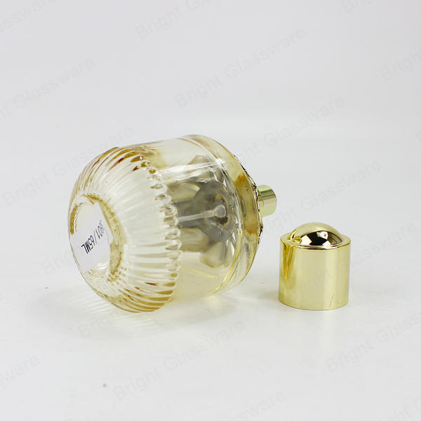 Factory Made Luxury Embossed Round Yellow Glass Perfume Bottle With Metal Cap