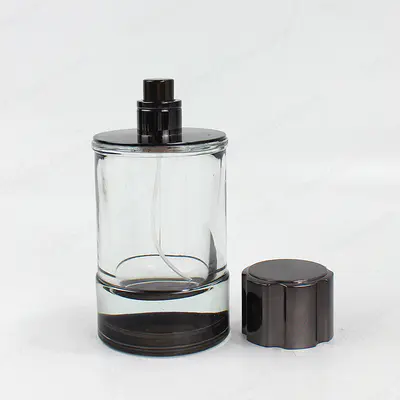 ホットセールラウンド厚底ブラックブルーガラス香水瓶、金属キャップ付き