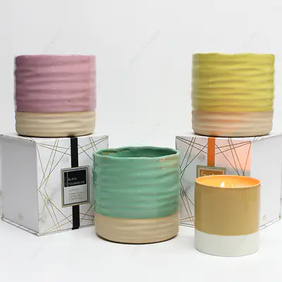 도매 핑크 그린 옐로우 라운드 양각 세라믹 캔들 항아리 상자 촛불