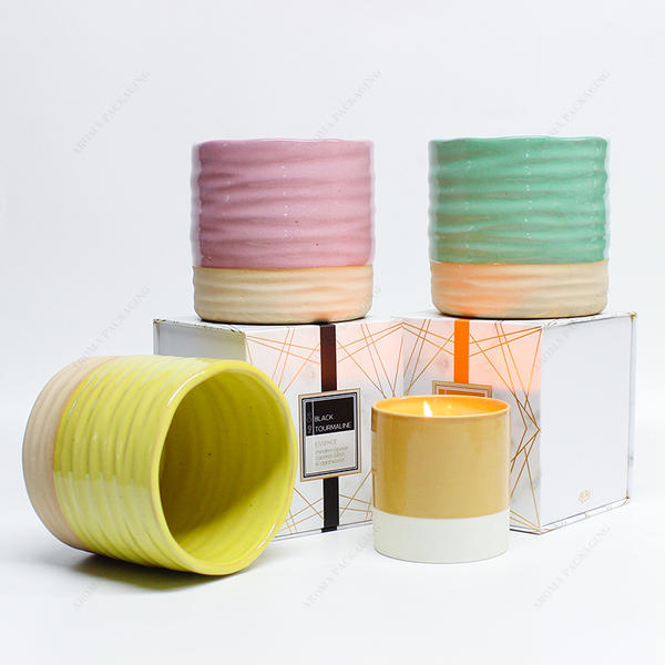 Wholesale Pink Green Yellow Round Embossed Ceramic Candle Jar With Box For Candle